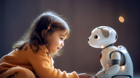 child play with robot, the concept of a new generation of children growing up with modern technologies, learning from a robot, banner, made with Generative AIの素材