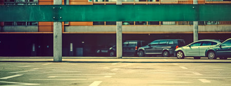 covered parking slot in the city center, banner with copy space, made with Generative AIの素材
