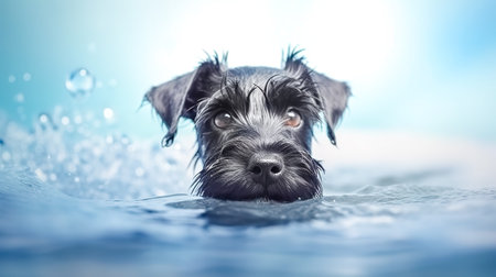 black schnauzer dog in the water, made with Generative AIの素材