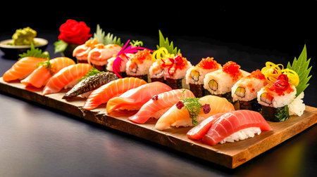 different types of sushi on a wooden board in an asian restaurant, healthy food, banner, made with Generative AIの素材