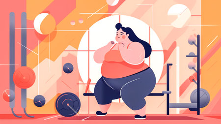 fat overweight lady exercising in the gym, concept of losing weight and healthy movement, banner, made with Generative AIの素材