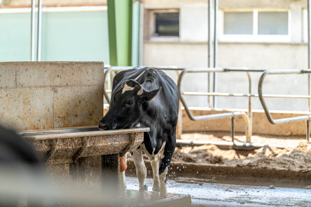 a cow drinks water on a farmの写真素材