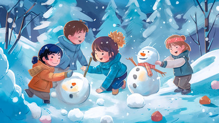 children build a snowman from snow in winter, made with Generative AIの素材