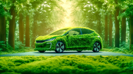 bio modern electric car concept using green natural renewable ecological energy, made with Generative AIの素材