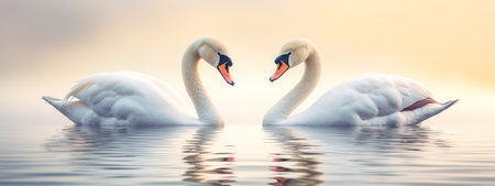 romantic pair of swans in love forms a heart shape on the surface of the water, banner made with Generative AIの素材