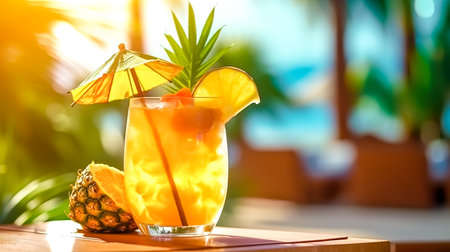 summer mixed refreshing drink with ice and pineapple, sun and beach, made with Generative AIの素材