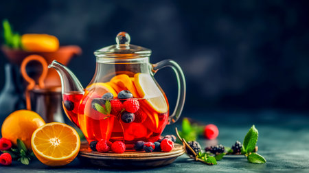 organic fresh fruit tea in a glass teapot, made with Generative AIの素材
