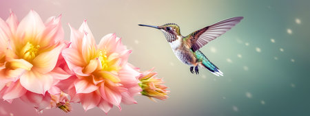exotic bird hummingbird flying to flower for nectar, banner made with Generative AIの素材