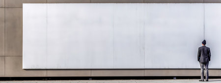 man standing by the wall with a big white billboard, banner mockup with copy space, made with Generative AIの素材