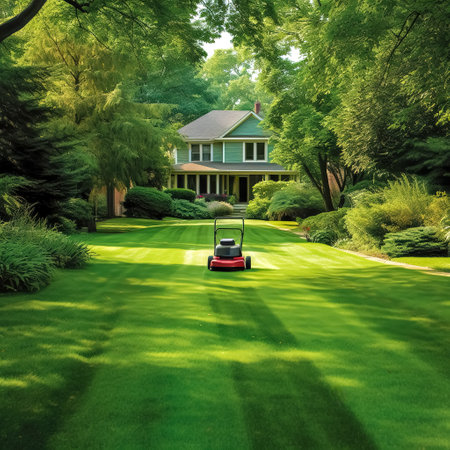 cutting grass with an automatic lawnmower in the garden, made with Generative AIの素材