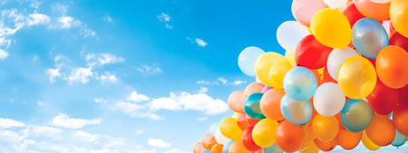 colorful balloons filled with helium in the air on a blue sky, banner with copy space, made with Generative AIの素材