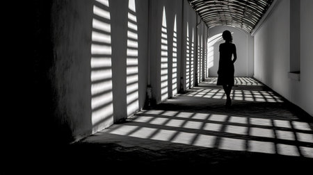 silhouette of a woman in the corridor, light and shadow and on the wall and floor, black and white, made with Generative AIの素材