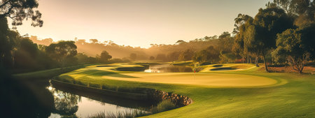 sunset on golf course in nature with a lake, banner made with Generative AIの素材