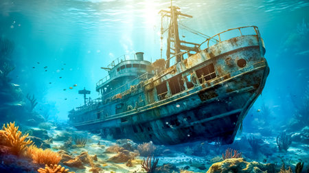 old sunken ship in the depths of the ocean, made with Generative AIの素材