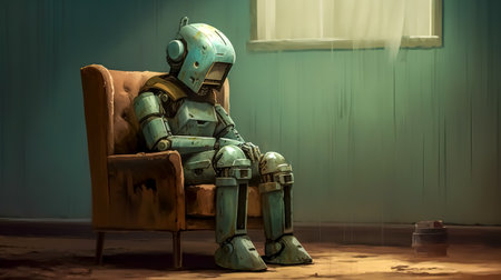 retro old rusty cyborg in an abandoned building, made with Generative AIの素材