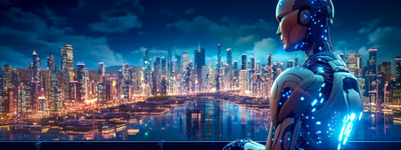 robot portrait with a futuristic city panorama in the background, future development concept, banner made with Generative AIの素材
