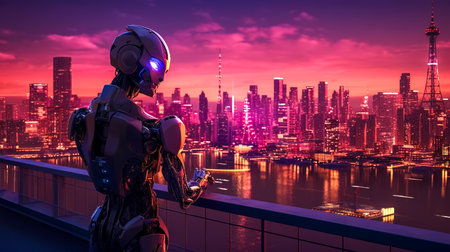 humanoid portrait with a futuristic city panorama in the background, future development concept, banner made with Generative AIの素材