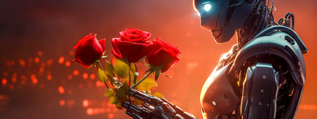 cute modern robot with a bouquet of red roses, gift to celebrate, banner made with Generative AIの素材