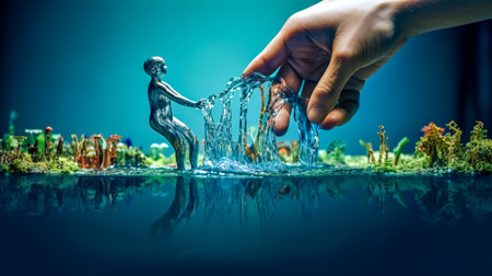 Man lends a hand to nature to save water resources, ecological restoration and cost-saving measures, creative banner made with Generative AIの素材