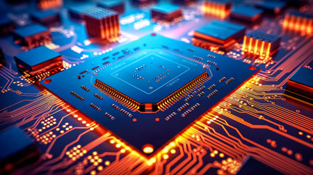 circuit board. a digital chip on the motherboard of an electronic device, made with Generative AIの素材