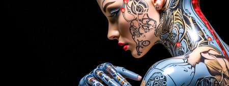 art creatively tattooed robot in the studio, banner with copy space made with Generative AIの素材