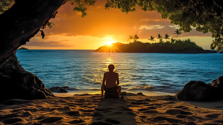 a castaway on a deserted, uninhabited island at sunset, made with Generative AIの素材