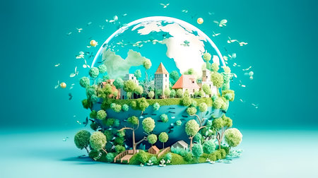 ecological city in a round glass container, concept of air pollution, co2 and recycling, made with Generative AIの素材