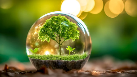 green planet, small tree in round glass container, concept of air pollution, co2 and renewable ecology, bokeh made with Generative AIの素材
