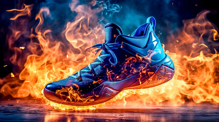 indoor sports shoes glow with the flames of the fire in energetic movement on the court, made with Generative AIの素材