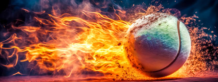 creative art burning tennis ball and clay courts, motion energy and lightning, banner with copy space made with Generative AIの素材