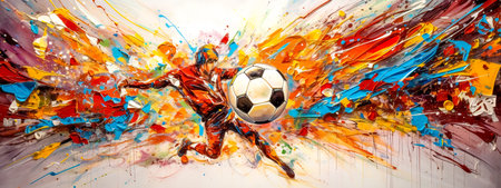 splash of different watercolor colors, soccer sport, football player kicks the ball, art colorful banner made with Generative AIの素材