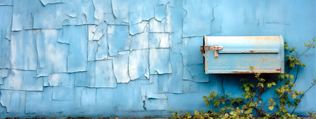 old retro mailbox on the blue wall of the building, banner with copy space made with Generative AIの素材