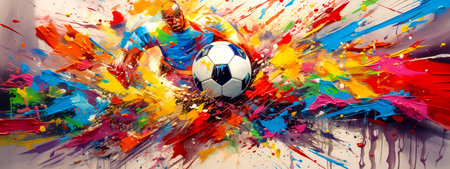 abstract image soccer sport, football player kicks the ball, art colorful banner made with Generative AIの素材