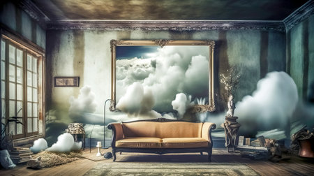 retro surrealistic abstract image of a room with sofa, clouds, elements of nature and property, banner made with Generative AIの素材