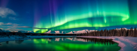northern lights in the sky above mountain landscape with lake, bannerの素材