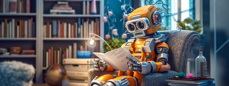 retro robot reads a book, concept of machine learning artificial intelligence from available sources of information, bannerの素材