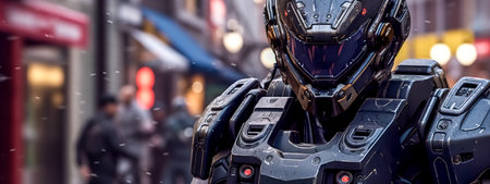 modern futuristic police robot in the streets of the city, bannerの素材