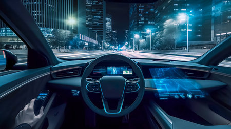 luxury futuristic minimalistic car interior design with modern technologies, night cityの素材