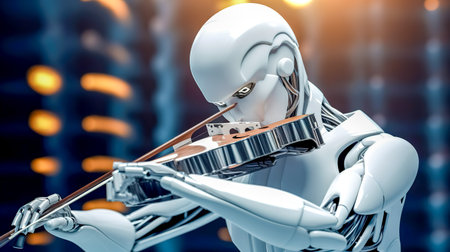 a robot musician plays the violin in an orchestraの素材