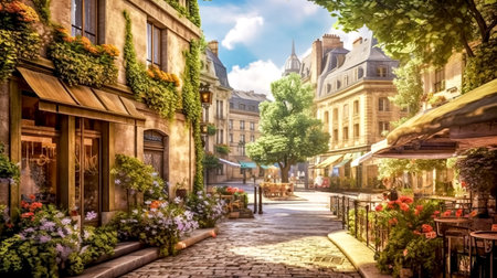 streets of a historic European city decorated with flowers, cafes and shopsの素材