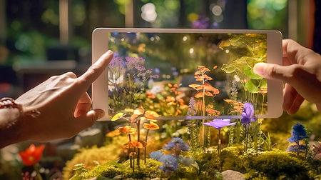 colorful bright display of a modern smartphone with a photo of a blooming garden, hands take photos by touching the screen with a fingerの素材
