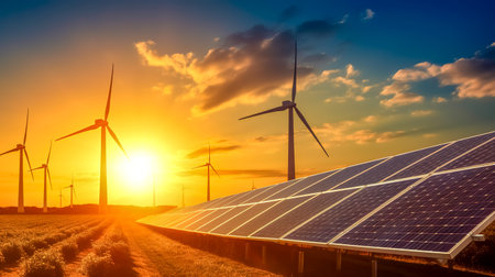 renewable ecological electricity from wind and sun, solar panels and wind farm in nature at sunsetの素材