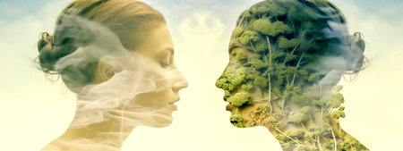 connected people and nature, abstract creative portrait with double exposureの素材