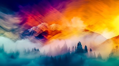 colorful nature panorama with mountains and forest in creative style as wallpaper and backgroundの素材