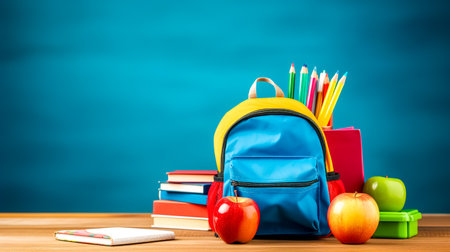 back to school, backpack, books, colored pencils and an apple, banner with copy spaceの素材