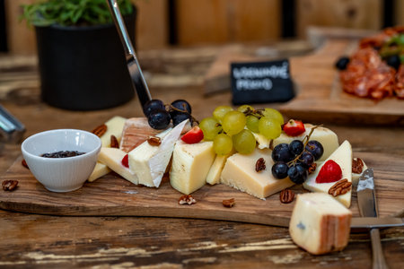 cheese variations on a wooden board on a catering tableの写真素材