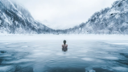 a woman hardens herself in a winter frozen lake in a mountain natureの素材