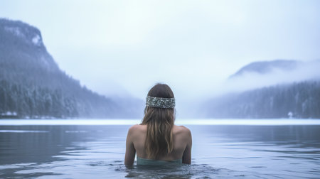 a young woman hardens herself in a winter frozen lake in a mountain natureの素材