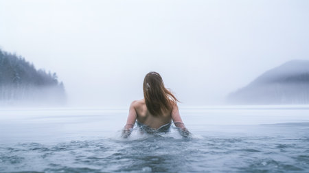 a young woman in the icy water of a winter lake strengthens her immunity by hardening herselfの素材