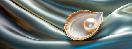 A serene pearl rests in a seashell against a backdrop of soft silk, symbolizing elegance and tranquility. bannerの素材